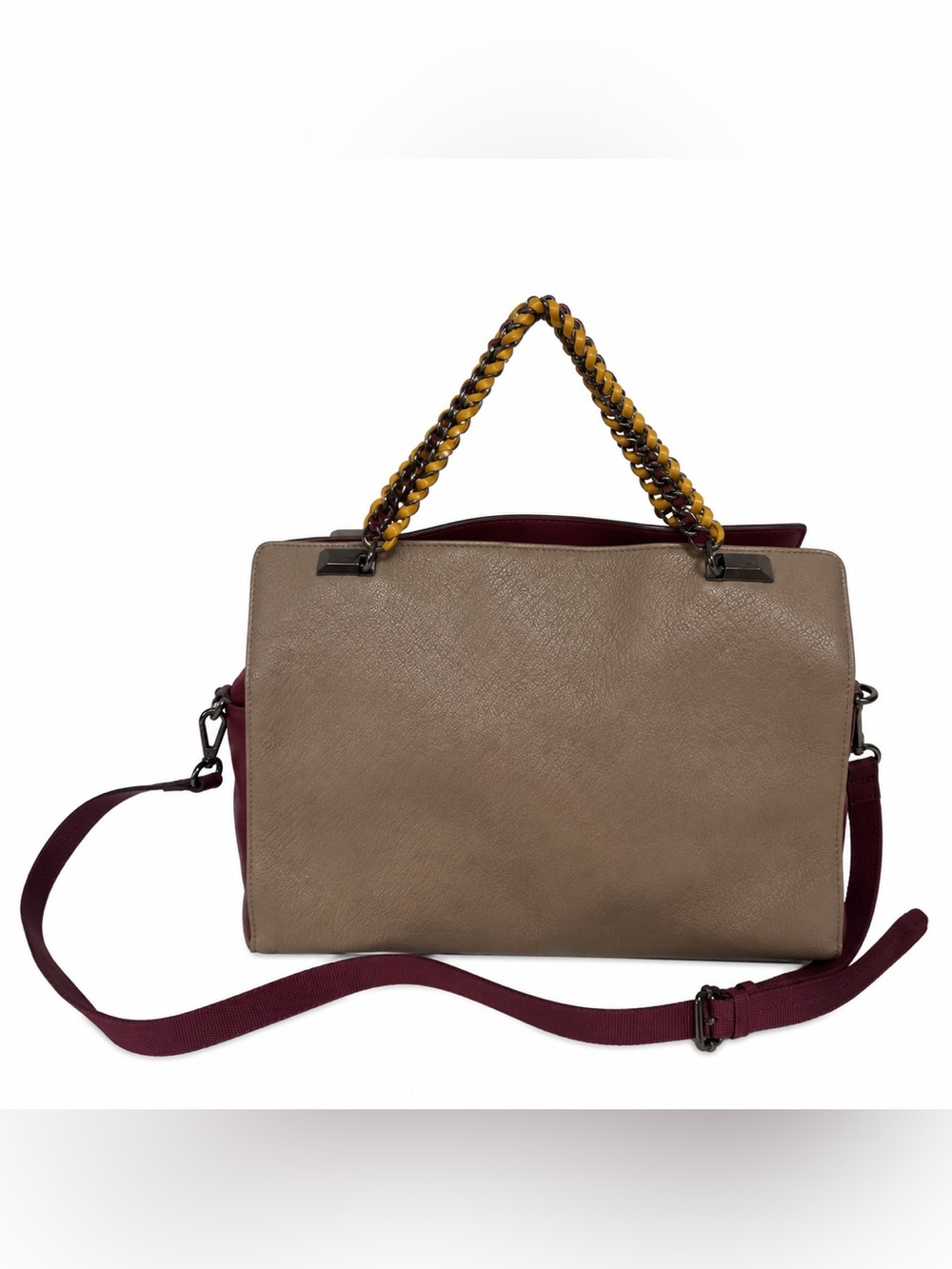 Bruno Magli Taupe Leather Satchel Bag Burgundy Crossbody Strap Chain Handle